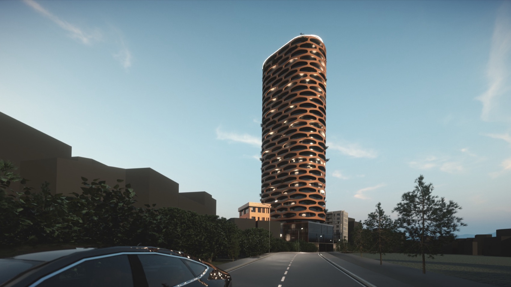 TET Tower from the street at dusk